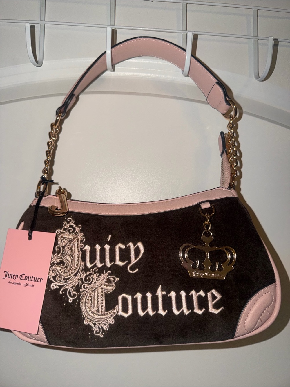 Juicy Couture Brown Suede Shoulder Bag with Pink Trim & Gold Hardware